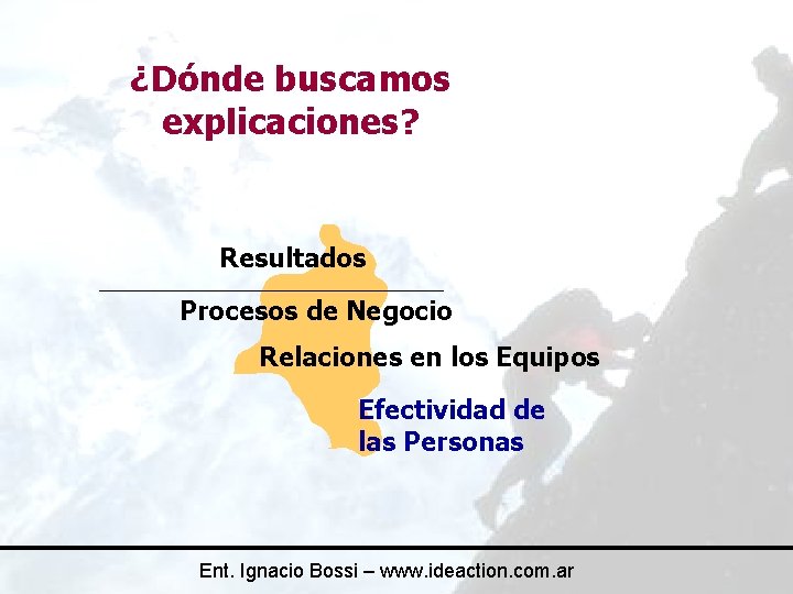 ¿Dónde buscamos explicaciones? Resultados Procesos de Negocio Relaciones en los Equipos Efectividad de las