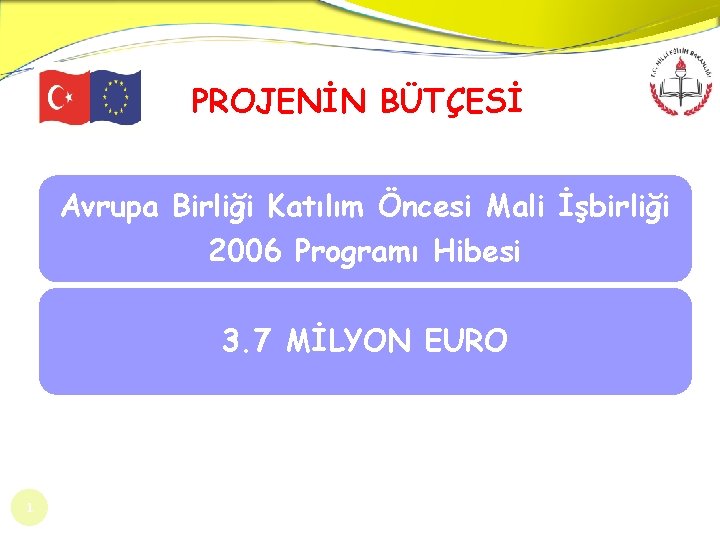 PROJENİN BÜTÇESİ Avrupa Birliği Katılım Öncesi Mali İşbirliği 2006 Programı Hibesi 3. 7 MİLYON