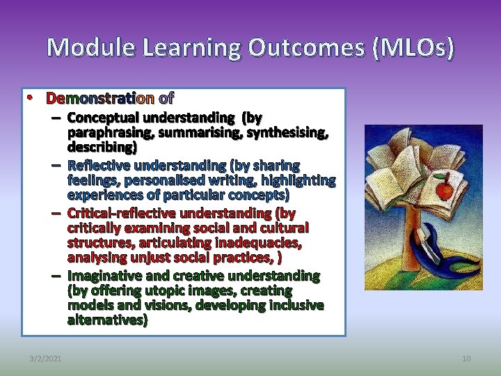 Module Learning Outcomes (MLOs) • Demonstration of – Conceptual understanding (by paraphrasing, summarising, synthesising,