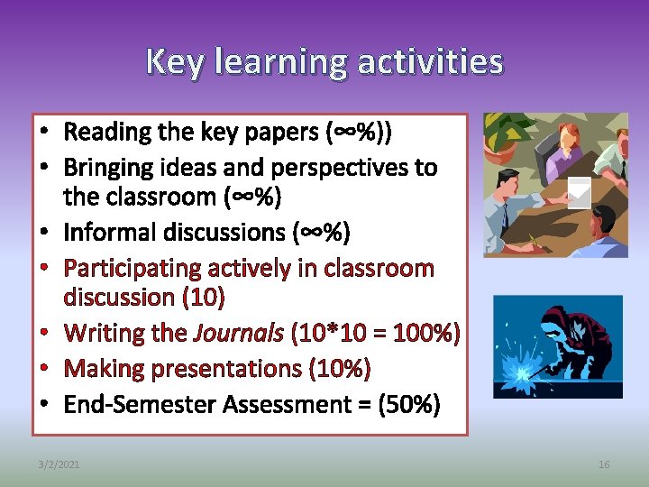 Key learning activities • Reading the key papers (∞%)) • Bringing ideas and perspectives