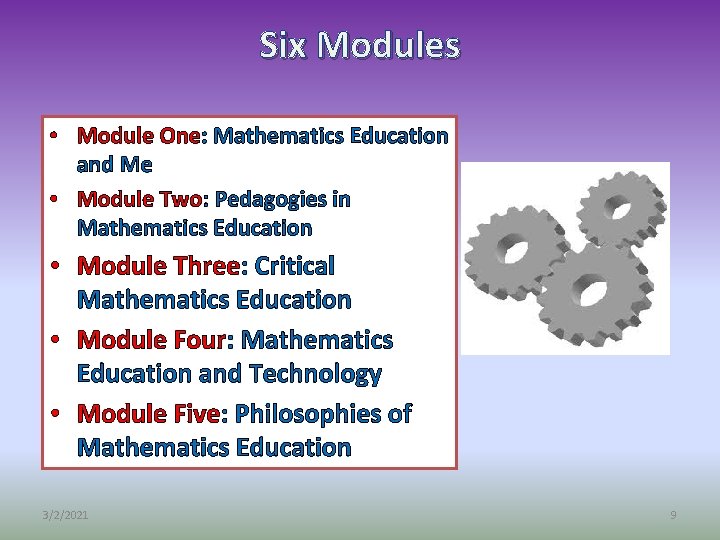 Six Modules • Module One: Mathematics Education and Me • Module Two: Pedagogies in