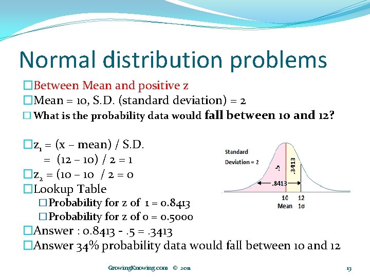 Normal distribution problems �Between Mean and positive z �Mean = 10, S. D. (standard
