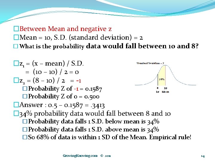 �Between Mean and negative z �Mean = 10, S. D. (standard deviation) = 2