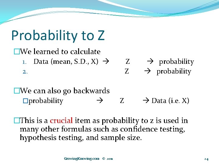 Probability to Z �We learned to calculate 1. Data (mean, S. D. , X)