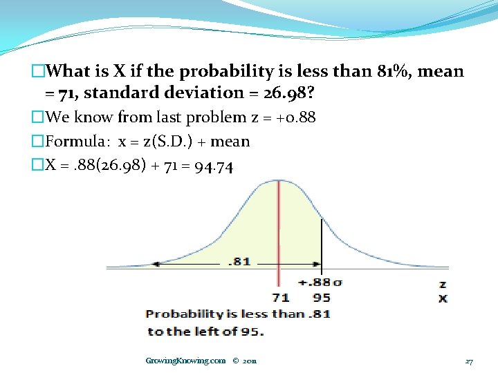 �What is X if the probability is less than 81%, mean = 71, standard