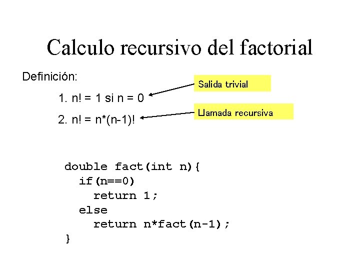 Calculo recursivo del factorial Definición: Salida trivial 1. n! = 1 si n =