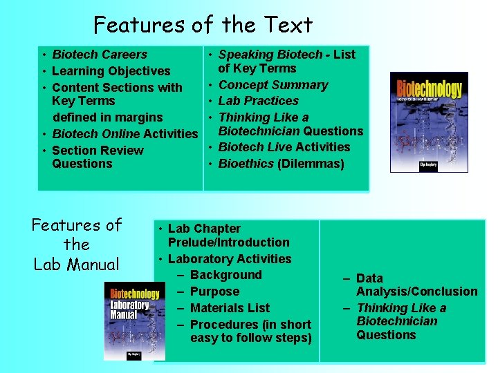 Features of the Text • Biotech Careers • Learning Objectives • Content Sections with