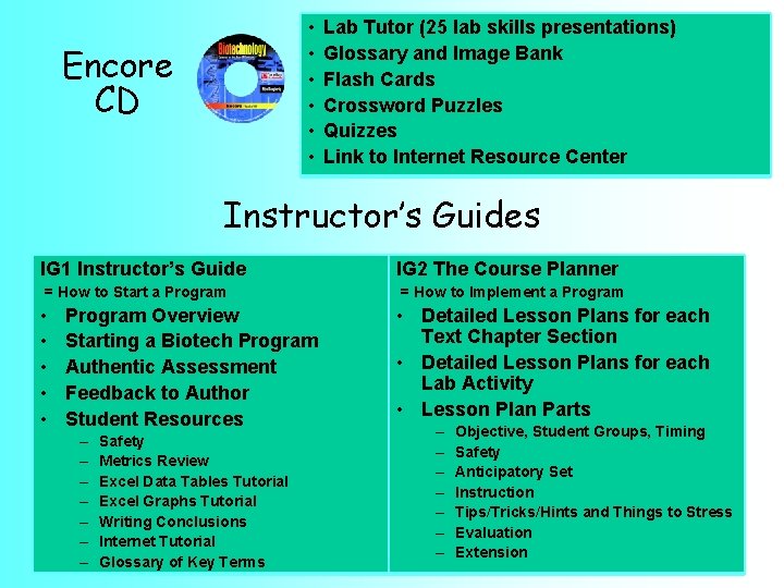  • • • Encore CD Lab Tutor (25 lab skills presentations) Glossary and