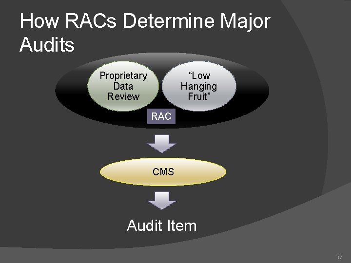 How RACs Determine Major Audits “Low Hanging Fruit” Proprietary Data Review RAC CMS Audit