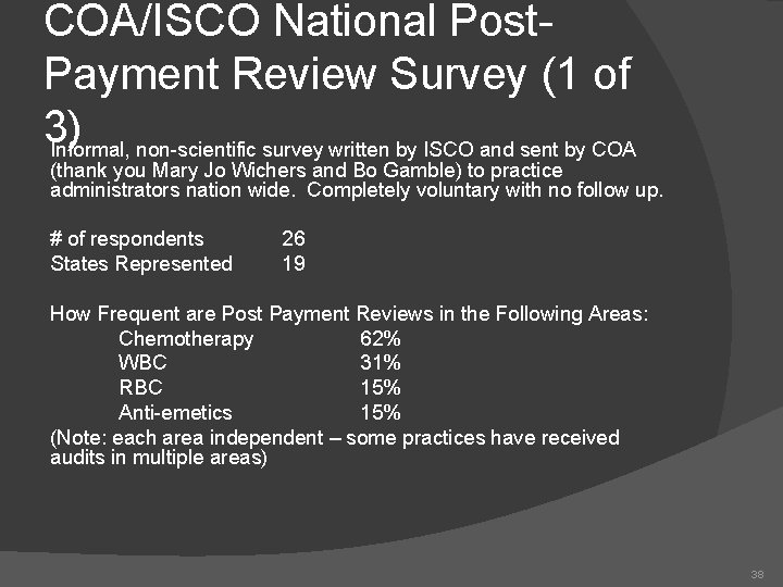 COA/ISCO National Post. Payment Review Survey (1 of 3) Informal, non-scientific survey written by