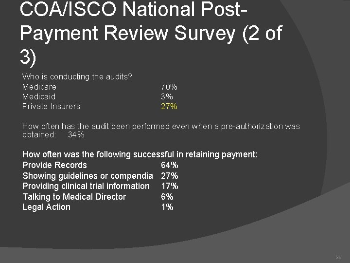 COA/ISCO National Post. Payment Review Survey (2 of 3) Who is conducting the audits?