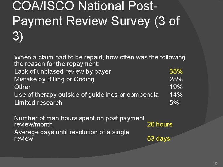 COA/ISCO National Post. Payment Review Survey (3 of 3) When a claim had to