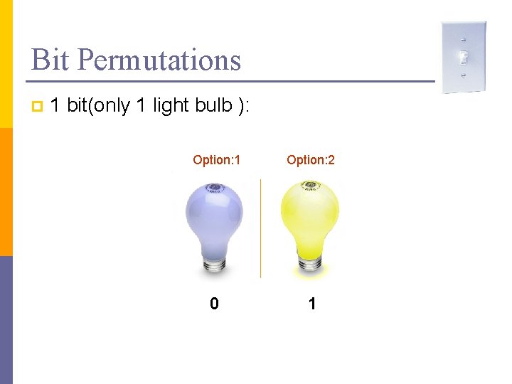 Bit Permutations p 1 bit(only 1 light bulb ): Option: 1 Option: 2 0