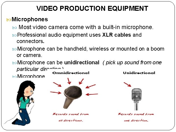 VIDEO PRODUCTION EQUIPMENT Microphones Most video camera come with a built-in microphone. Professional audio