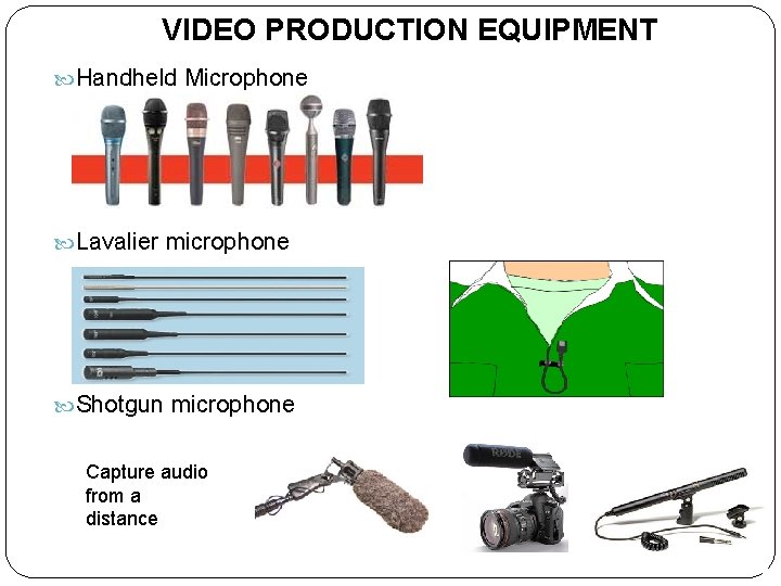 VIDEO PRODUCTION EQUIPMENT Handheld Microphone Lavalier microphone Shotgun microphone Capture audio from a distance