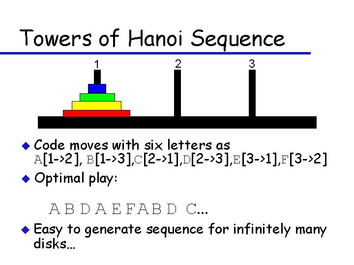 Towers of Hanoi Sequence 1 2 3 u Code moves with six letters as