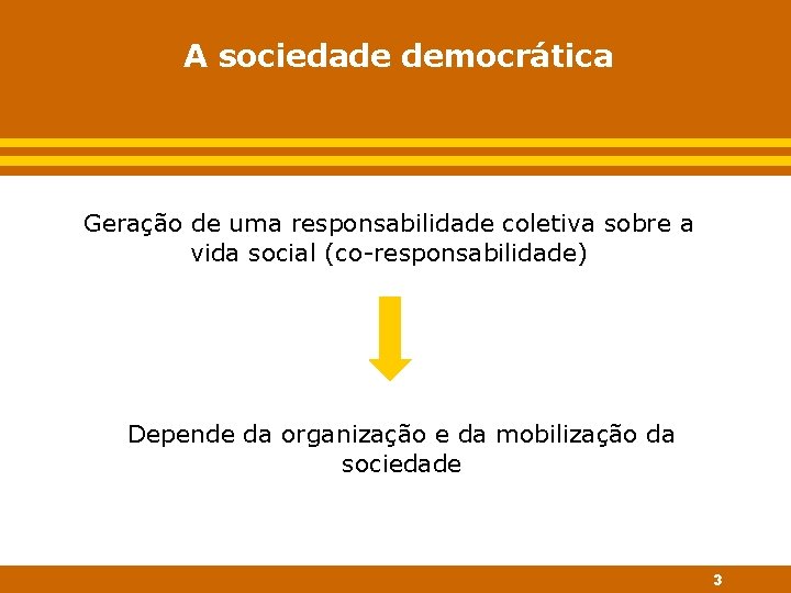 A sociedade democrática Geração de uma responsabilidade coletiva sobre a vida social (co-responsabilidade) Depende