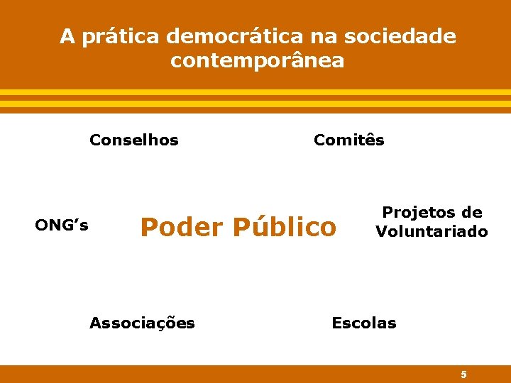 A prática democrática na sociedade contemporânea Conselhos ONG’s Comitês Poder Público Associações Projetos de