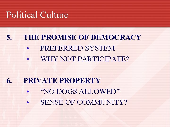 Political Culture 5. 6. THE PROMISE OF DEMOCRACY • PREFERRED SYSTEM • WHY NOT