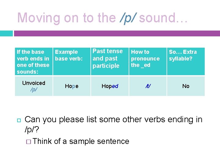 Moving on to the /p/ sound… If the base verb ends in one of