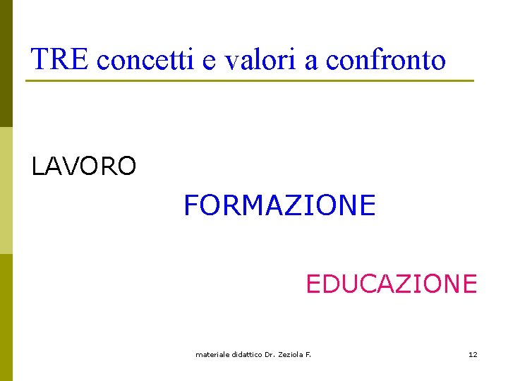 TRE concetti e valori a confronto LAVORO FORMAZIONE EDUCAZIONE materiale didattico Dr. Zeziola F.
