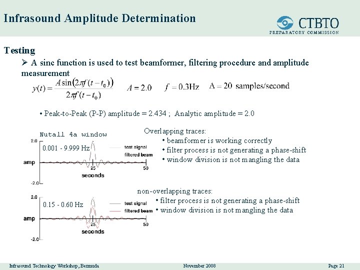 Infrasound Amplitude Determination Testing Ø A sinc function is used to test beamformer, filtering