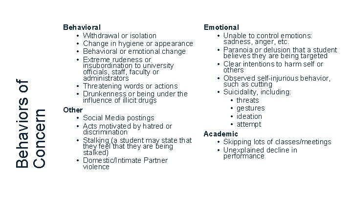 Behaviors of Concern Behavioral • Withdrawal or isolation • Change in hygiene or appearance