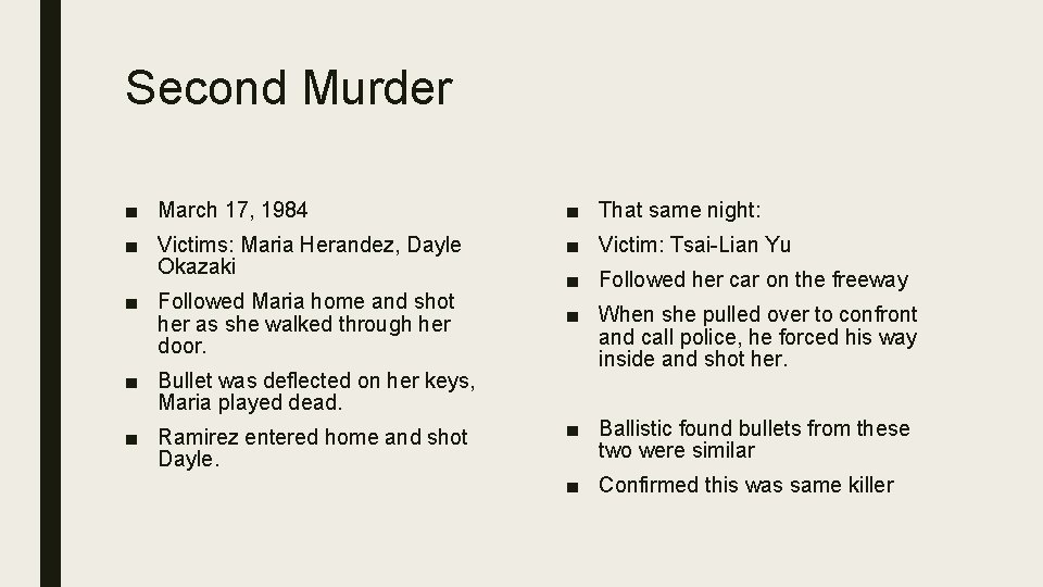 Second Murder ■ March 17, 1984 ■ That same night: ■ Victims: Maria Herandez,