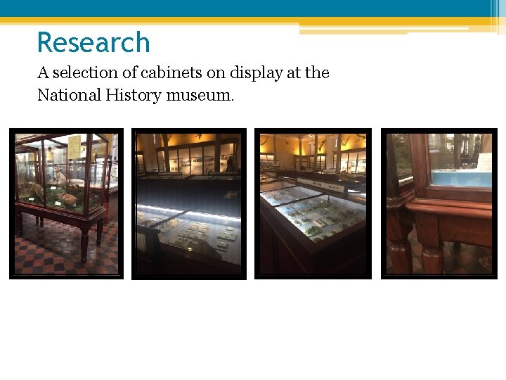 Research A selection of cabinets on display at the National History museum. 