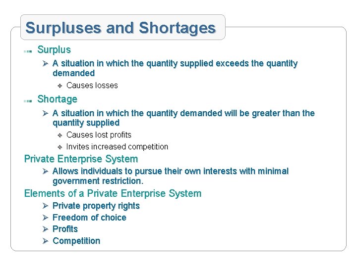 Surpluses and Shortages Surplus Ø A situation in which the quantity supplied exceeds the