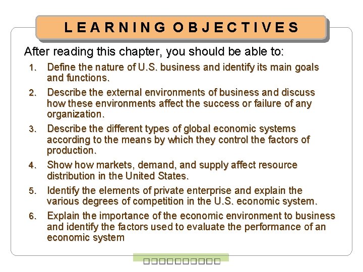 LEARNING OBJECTIVES After reading this chapter, you should be able to: 1. 2. 3.