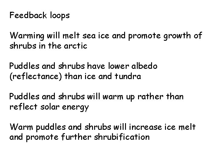 Feedback loops Warming will melt sea ice and promote growth of shrubs in the