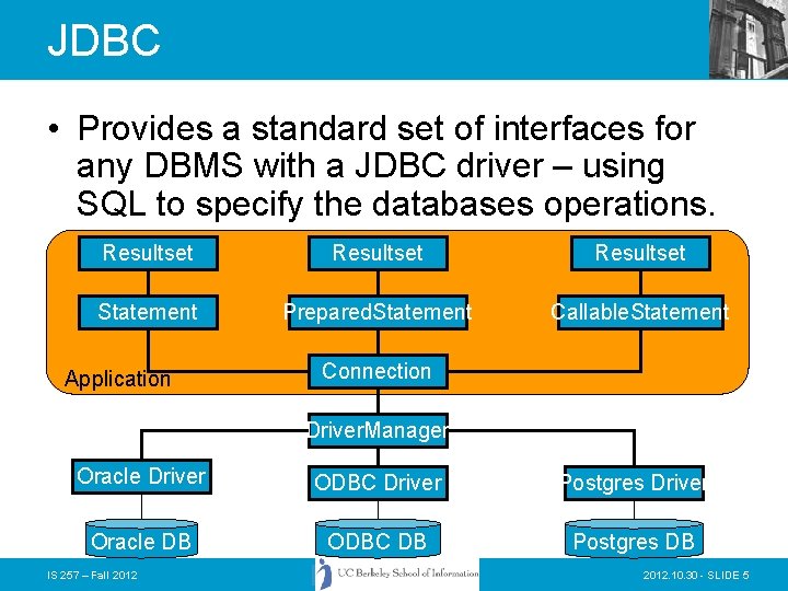 JDBC • Provides a standard set of interfaces for any DBMS with a JDBC