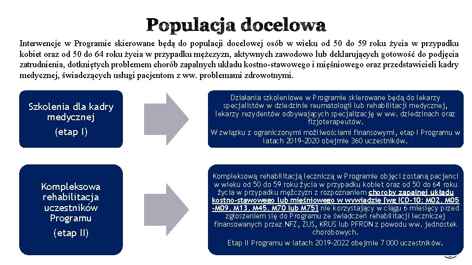 Interwencje w Programie skierowane będą do populacji docelowej osób w wieku od 50 do