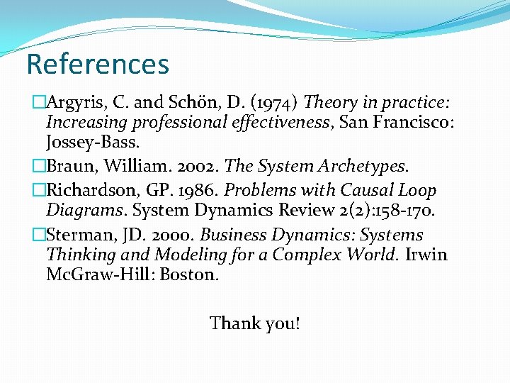 References �Argyris, C. and Schön, D. (1974) Theory in practice: Increasing professional effectiveness, San