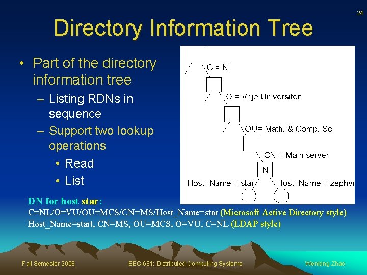 Directory Information Tree • Part of the directory information tree – Listing RDNs in