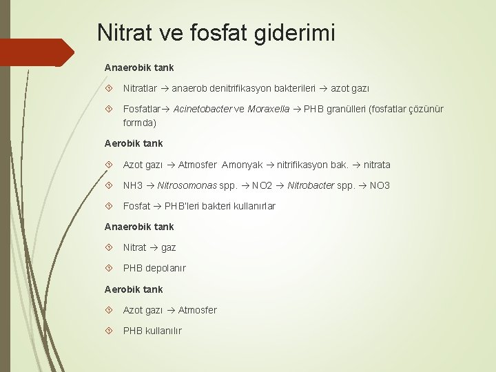 Nitrat ve fosfat giderimi Anaerobik tank Nitratlar anaerob denitrifikasyon bakterileri azot gazı Fosfatlar Acinetobacter