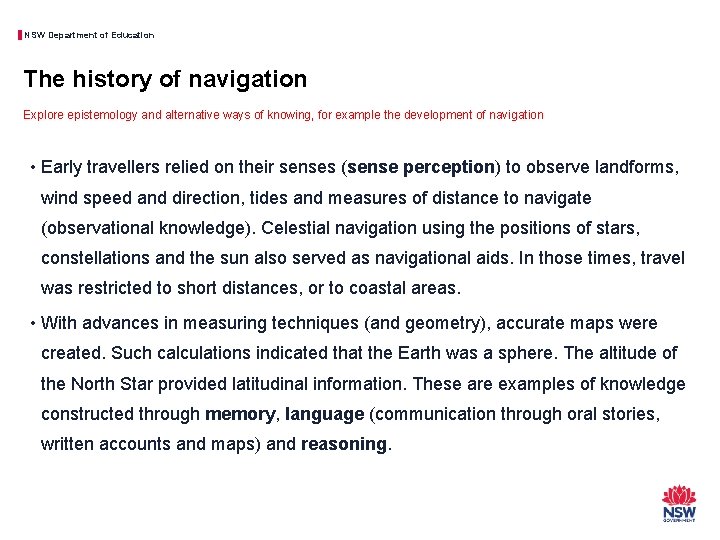 NSW Department of Education The history of navigation Explore epistemology and alternative ways of
