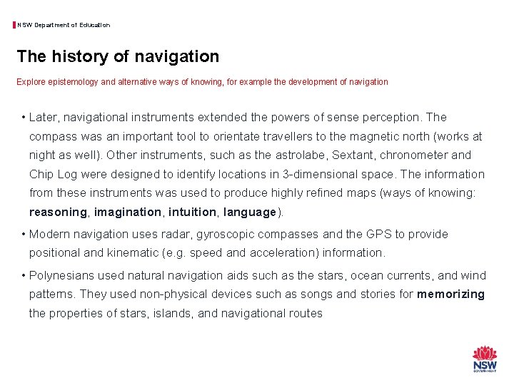 NSW Department of Education The history of navigation Explore epistemology and alternative ways of
