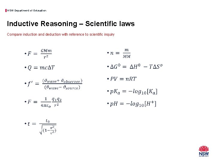 NSW Department of Education Inductive Reasoning – Scientific laws Compare induction and deduction with