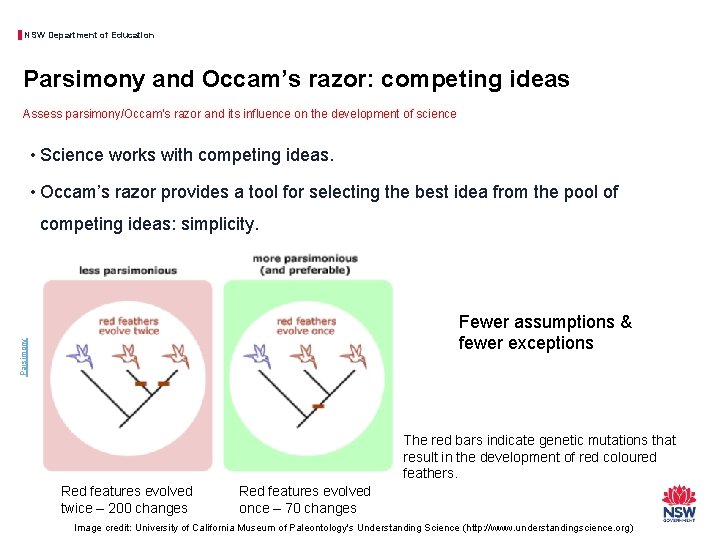 NSW Department of Education Parsimony and Occam’s razor: competing ideas Assess parsimony/Occam’s razor and