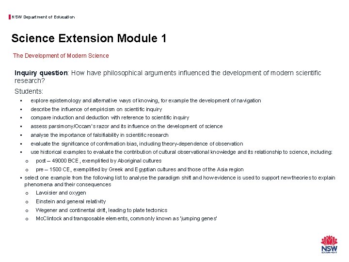 NSW Department of Education Science Extension Module 1 The Development of Modern Science Inquiry