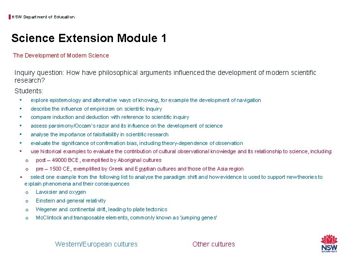 NSW Department of Education Science Extension Module 1 The Development of Modern Science Inquiry