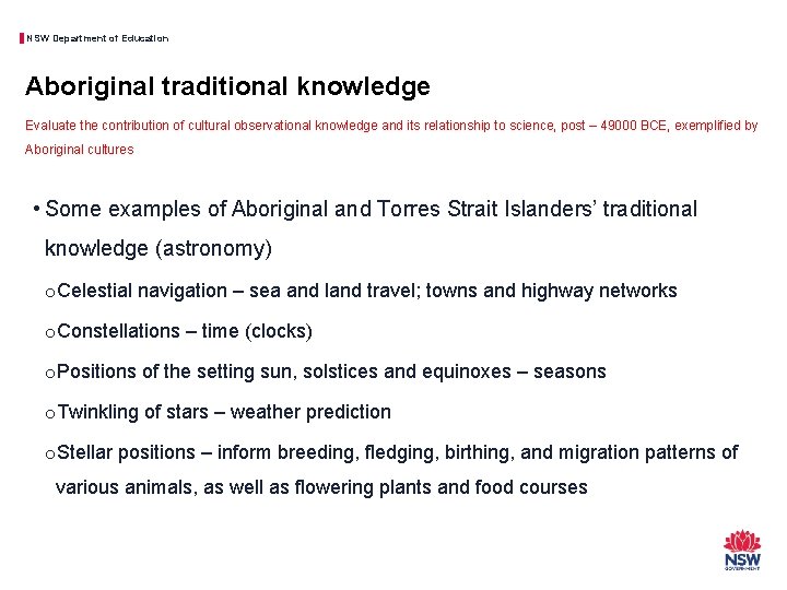 NSW Department of Education Aboriginal traditional knowledge Evaluate the contribution of cultural observational knowledge