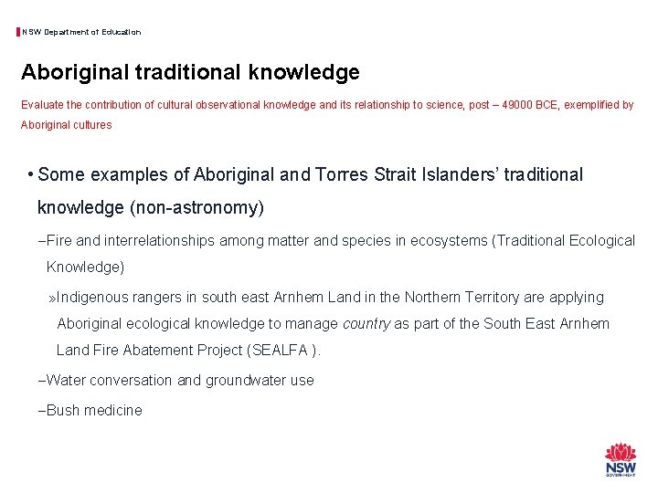 NSW Department of Education Aboriginal traditional knowledge Evaluate the contribution of cultural observational knowledge