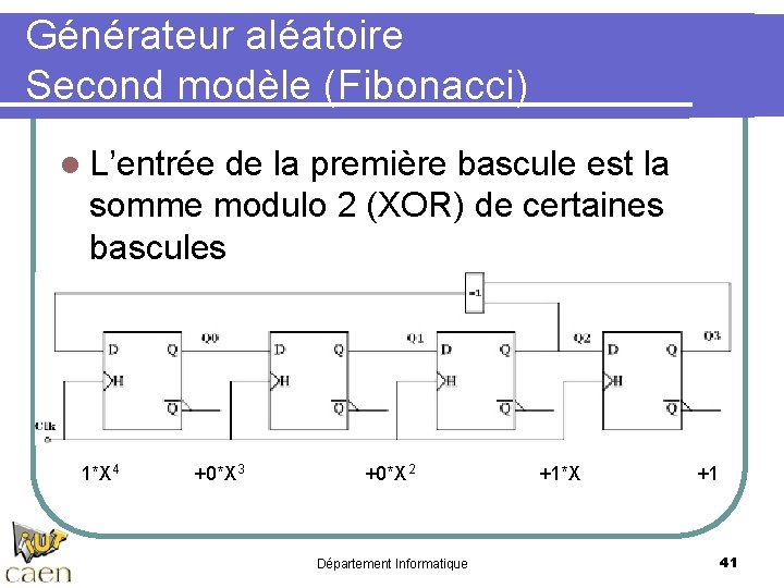 Générateur aléatoire Second modèle (Fibonacci) l L’entrée de la première bascule est la somme