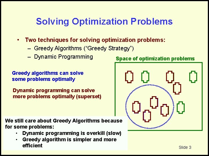 Solving Optimization Problems • Two techniques for solving optimization problems: – Greedy Algorithms (“Greedy
