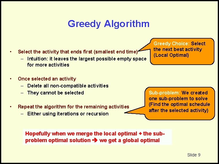 Greedy Algorithm • Select the activity that ends first (smallest end time) – Intuition: