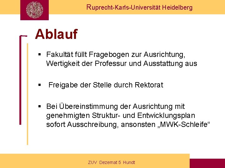 Ruprecht-Karls-Universität Heidelberg Ablauf § Fakultät füllt Fragebogen zur Ausrichtung, Wertigkeit der Professur und Ausstattung