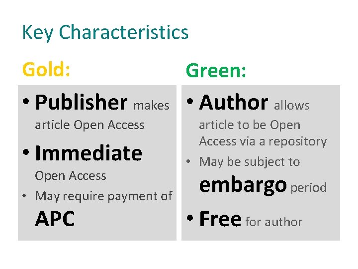 Key Characteristics Gold: Green: • Publisher makes • Author allows article Open Access •